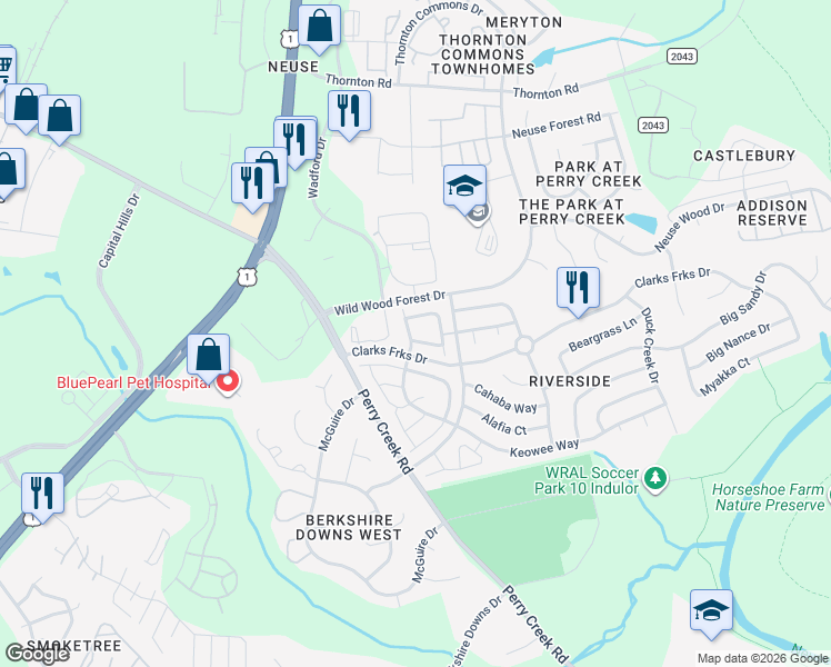 map of restaurants, bars, coffee shops, grocery stores, and more near 5301 Fair Rain Drive in Raleigh