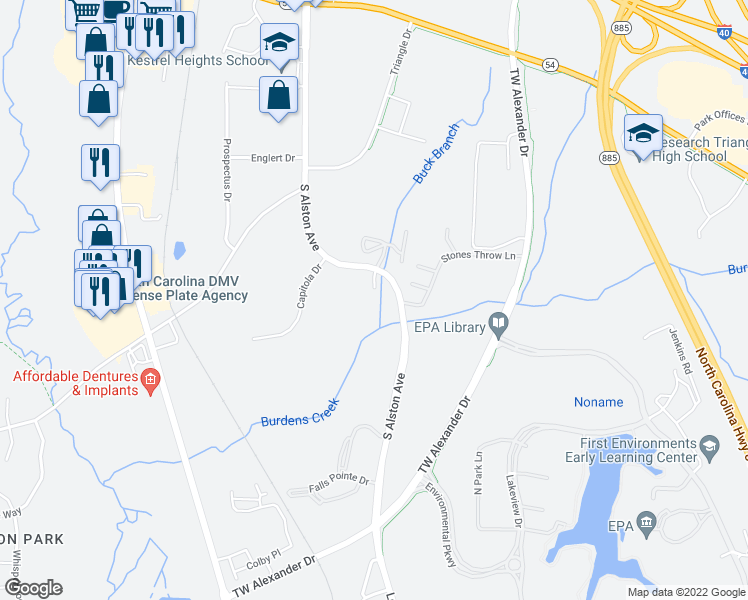 map of restaurants, bars, coffee shops, grocery stores, and more near 5010 South Alston Avenue in Durham