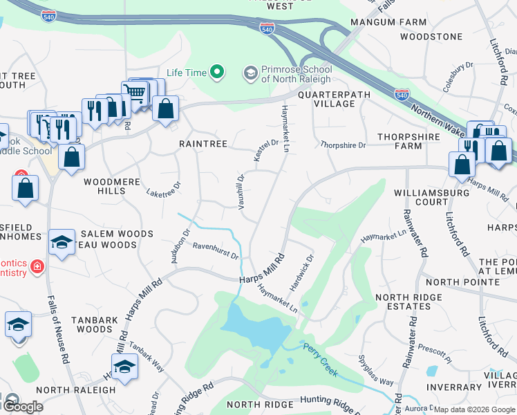 map of restaurants, bars, coffee shops, grocery stores, and more near 7712 Vauxhill Drive in Raleigh