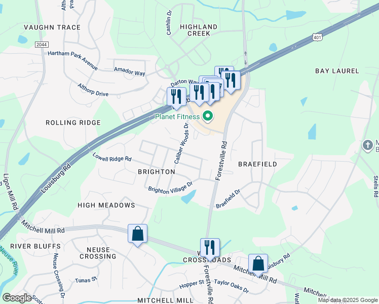 map of restaurants, bars, coffee shops, grocery stores, and more near 7517 Brighton Hill Lane in Raleigh