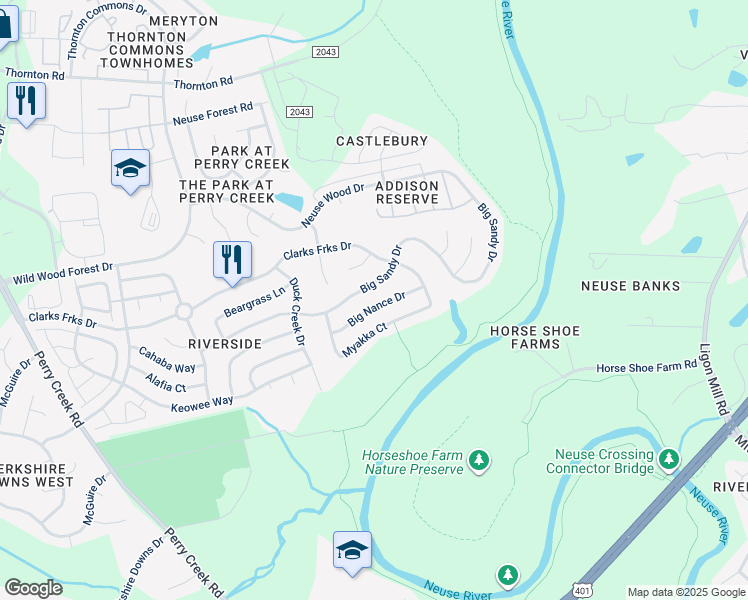 map of restaurants, bars, coffee shops, grocery stores, and more near 5937 Big Nance Drive in Raleigh