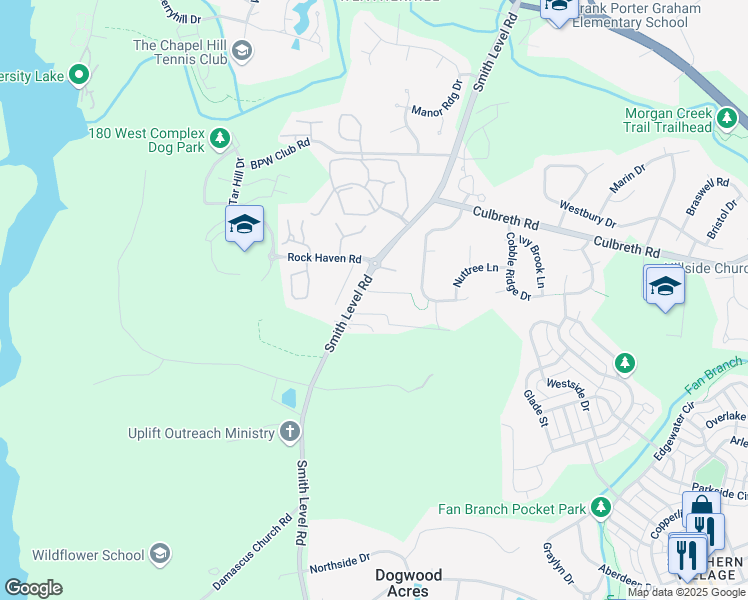 map of restaurants, bars, coffee shops, grocery stores, and more near 100 Woodcrest Drive in Chapel Hill