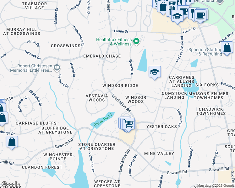map of restaurants, bars, coffee shops, grocery stores, and more near 7905 Rooksley Court in Raleigh