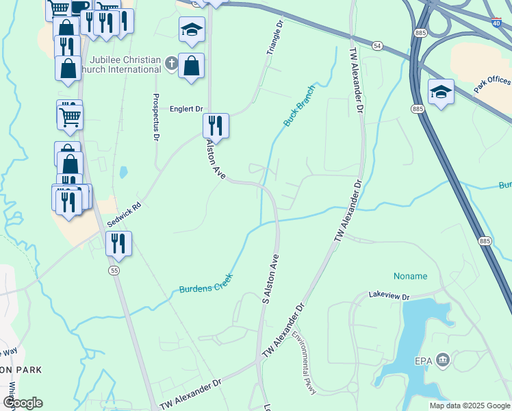 map of restaurants, bars, coffee shops, grocery stores, and more near 5010 South Alston Avenue in Durham