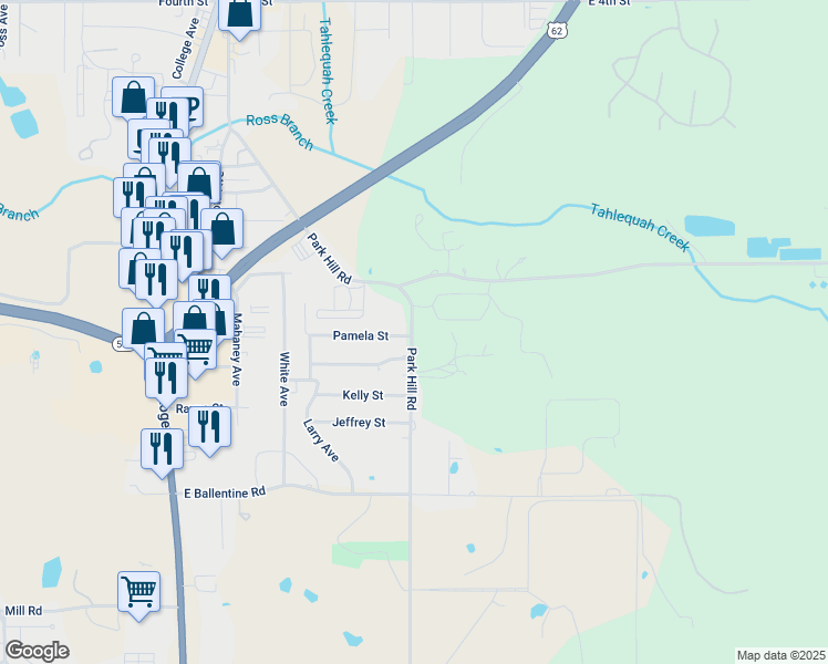 map of restaurants, bars, coffee shops, grocery stores, and more near 613 Pamela Street in Tahlequah