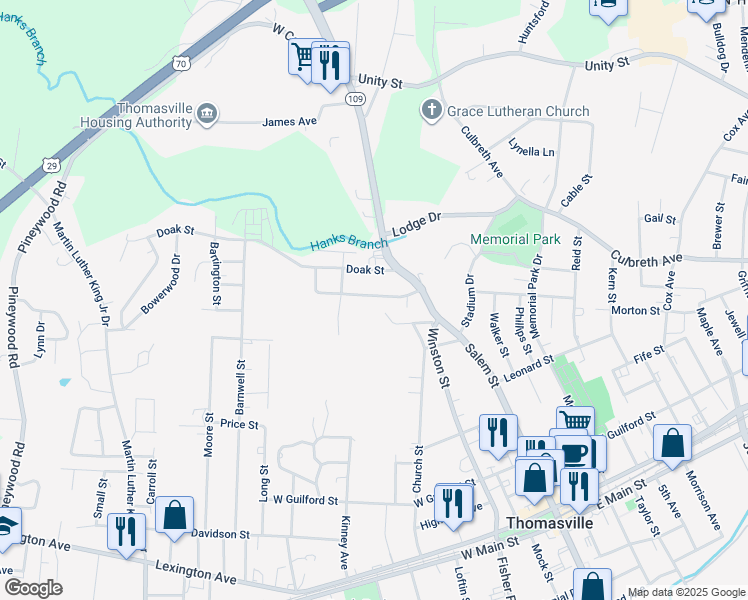 map of restaurants, bars, coffee shops, grocery stores, and more near 109 Brown Street in Thomasville