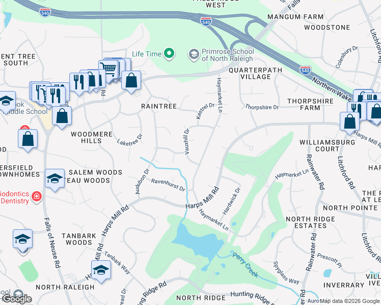 map of restaurants, bars, coffee shops, grocery stores, and more near 7712 Vauxhill Drive in Raleigh