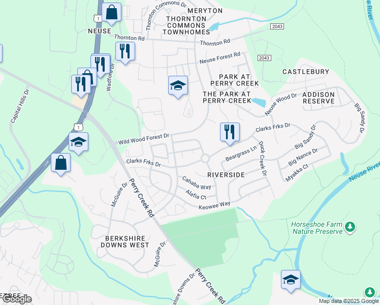 map of restaurants, bars, coffee shops, grocery stores, and more near 8313 Eel Court in Raleigh