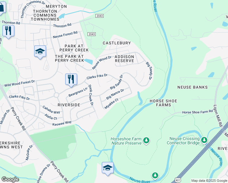 map of restaurants, bars, coffee shops, grocery stores, and more near 5937 Big Nance Drive in Raleigh