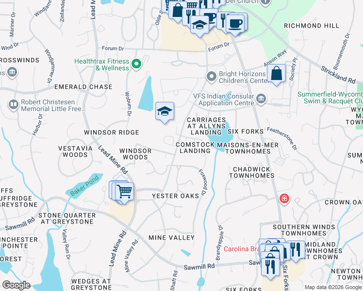 map of restaurants, bars, coffee shops, grocery stores, and more near 831 Swan Neck Lane in Raleigh