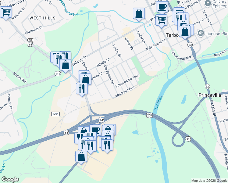 map of restaurants, bars, coffee shops, grocery stores, and more near 208 Old Sparta Road in Tarboro