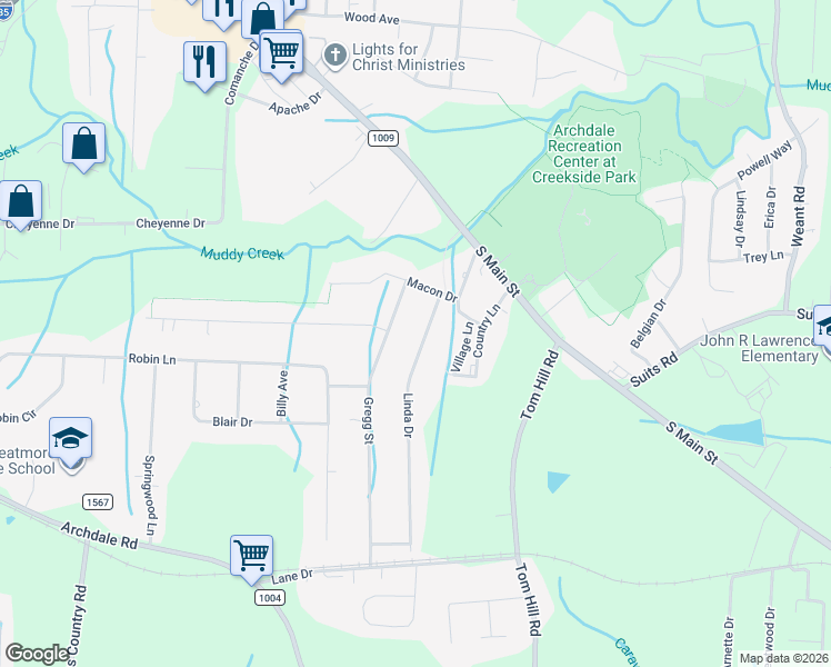 map of restaurants, bars, coffee shops, grocery stores, and more near 106 Linda Dr in Archdale