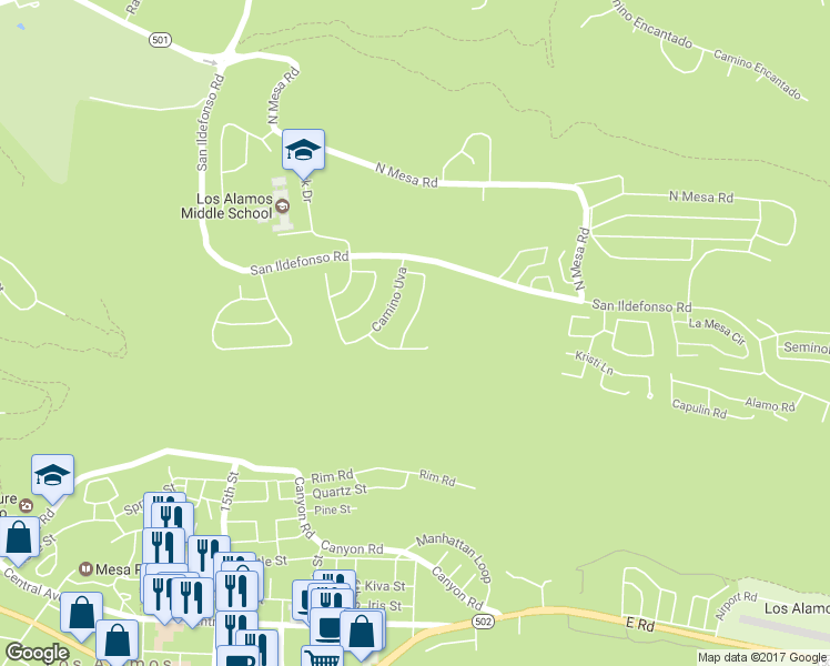 map of restaurants, bars, coffee shops, grocery stores, and more near 1860 Camino Mora in Los Alamos