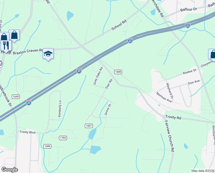 map of restaurants, bars, coffee shops, grocery stores, and more near 5361 Darr Road in Trinity
