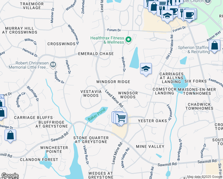 map of restaurants, bars, coffee shops, grocery stores, and more near 7905 Rooksley Court in Raleigh
