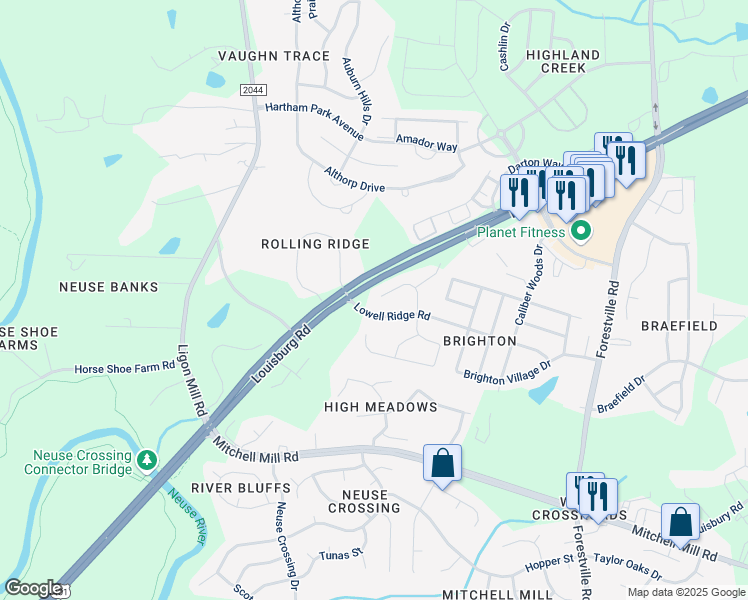 map of restaurants, bars, coffee shops, grocery stores, and more near 8186 Cohosh Court in Raleigh