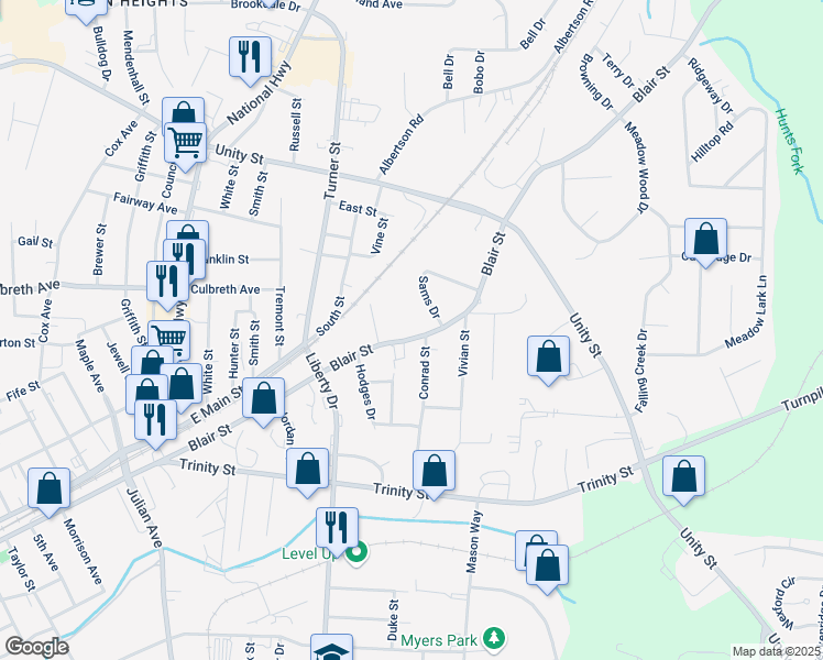 map of restaurants, bars, coffee shops, grocery stores, and more near 1030 Blair Street in Thomasville