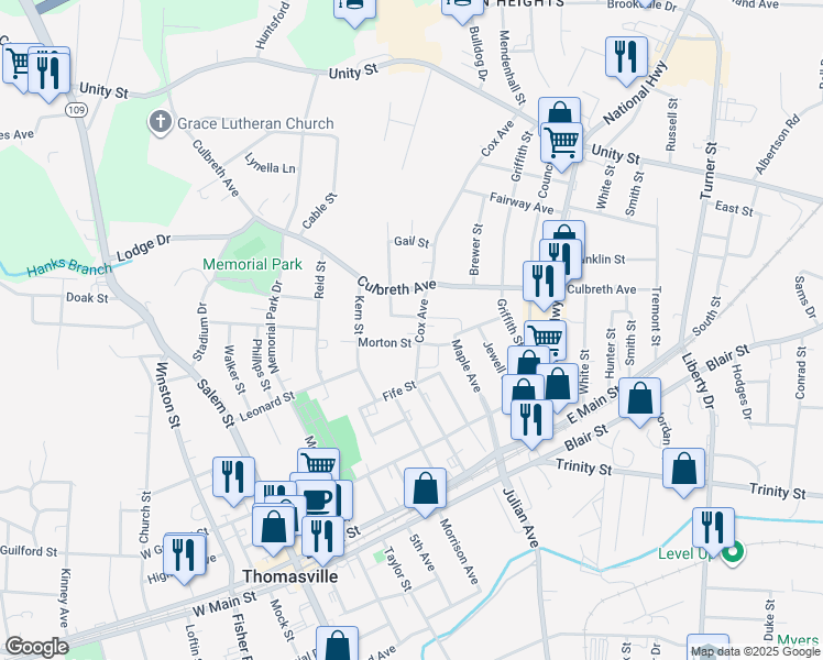 map of restaurants, bars, coffee shops, grocery stores, and more near 304 Cox Ave in Thomasville