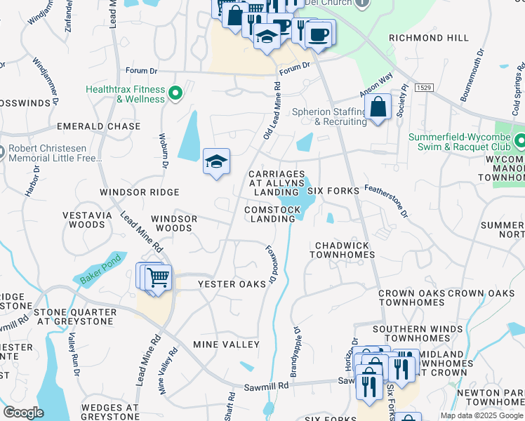 map of restaurants, bars, coffee shops, grocery stores, and more near 8020 Thrush Ridge Lane in Raleigh