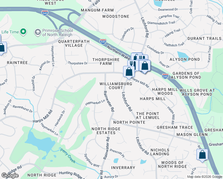 map of restaurants, bars, coffee shops, grocery stores, and more near 8100 Bellingham Circle in Raleigh