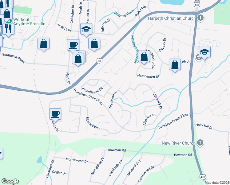 map of restaurants, bars, coffee shops, grocery stores, and more near 729 Braemere Drive in Franklin
