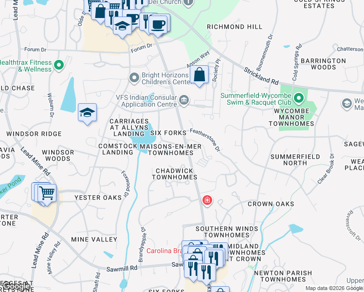 map of restaurants, bars, coffee shops, grocery stores, and more near 106 Bon Marche Lane in Raleigh