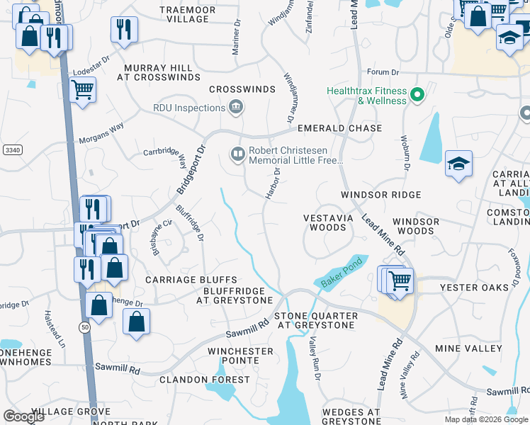 map of restaurants, bars, coffee shops, grocery stores, and more near 7905 Harbor Drive in Raleigh