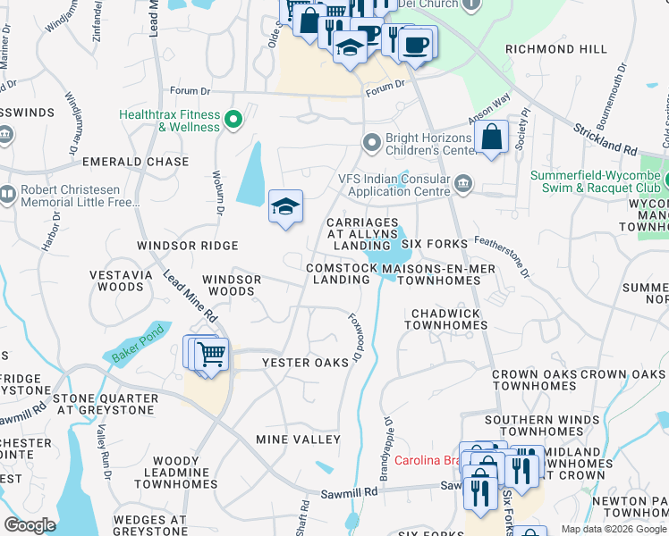map of restaurants, bars, coffee shops, grocery stores, and more near 8020 Thrush Ridge Lane in Raleigh