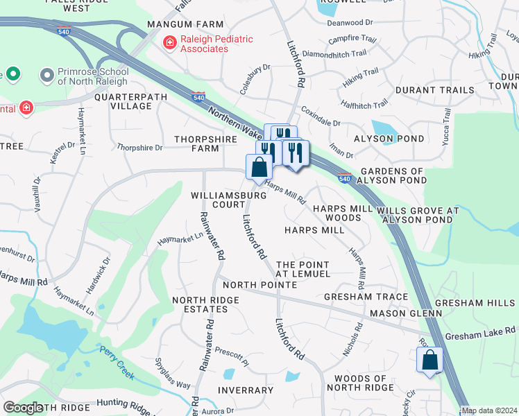 map of restaurants, bars, coffee shops, grocery stores, and more near 8200 Litchford Road in Raleigh
