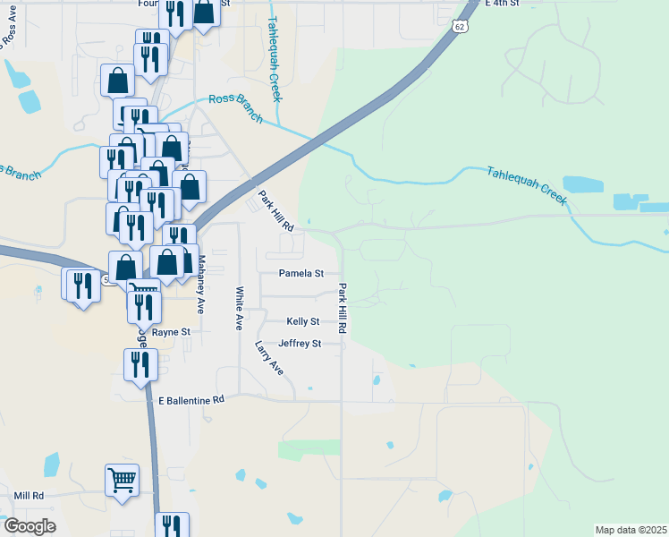 map of restaurants, bars, coffee shops, grocery stores, and more near 613 Pamela Street in Tahlequah