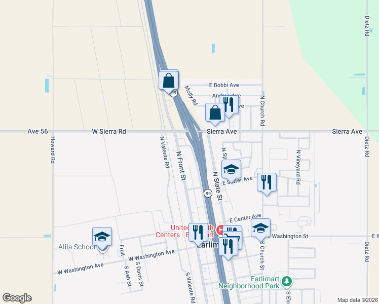 map of restaurants, bars, coffee shops, grocery stores, and more near 739 North Market Road in Earlimart