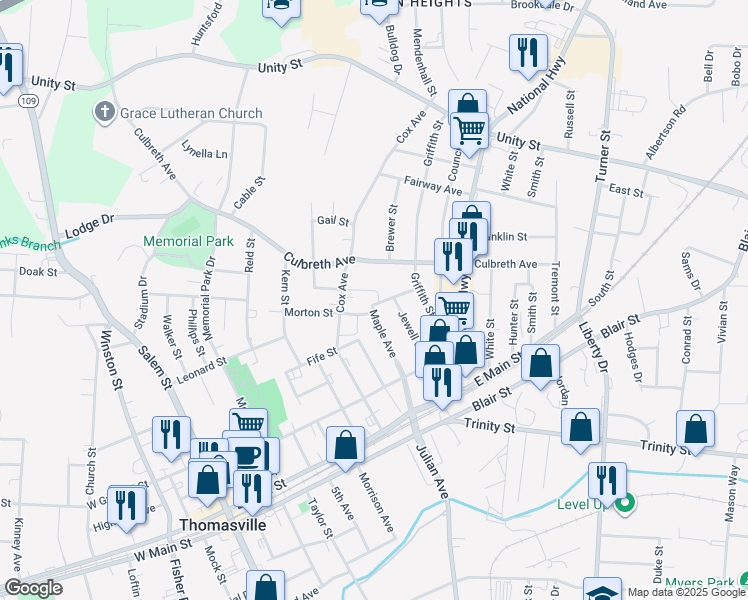 map of restaurants, bars, coffee shops, grocery stores, and more near 700 Burgin Street in Thomasville
