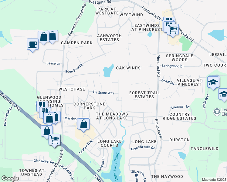 map of restaurants, bars, coffee shops, grocery stores, and more near 8404 Whisper Ridge Place in Raleigh