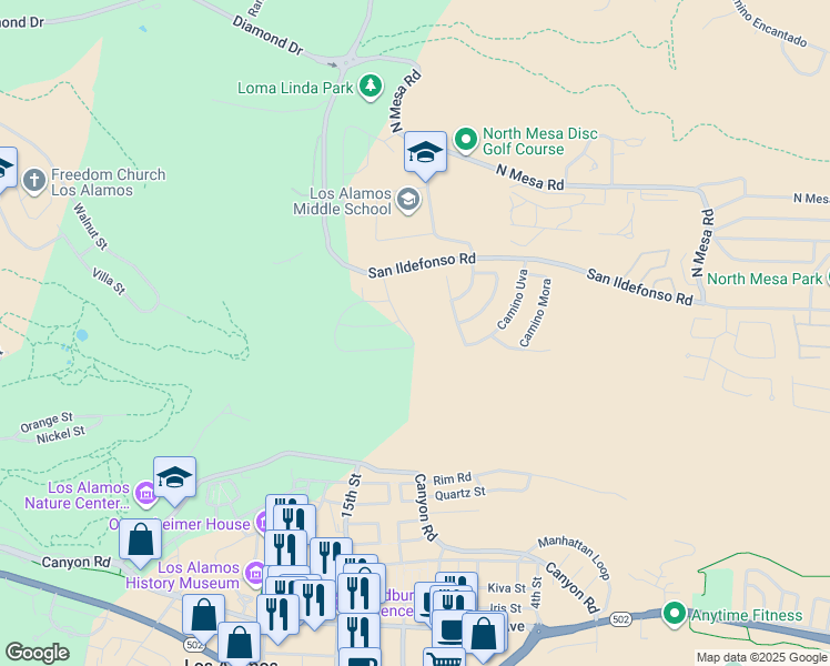 map of restaurants, bars, coffee shops, grocery stores, and more near 1910 Camino Redondo in Los Alamos