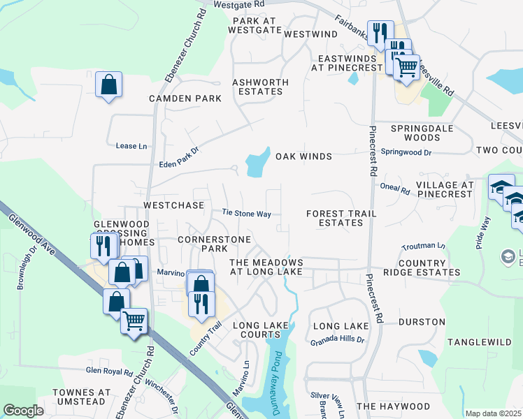 map of restaurants, bars, coffee shops, grocery stores, and more near 8404 Whisper Ridge Place in Raleigh