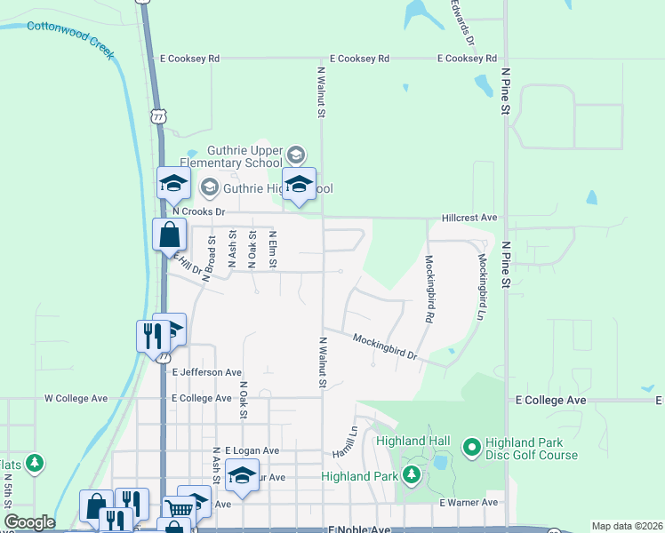 map of restaurants, bars, coffee shops, grocery stores, and more near 810 E Lamplighter Ct in Guthrie