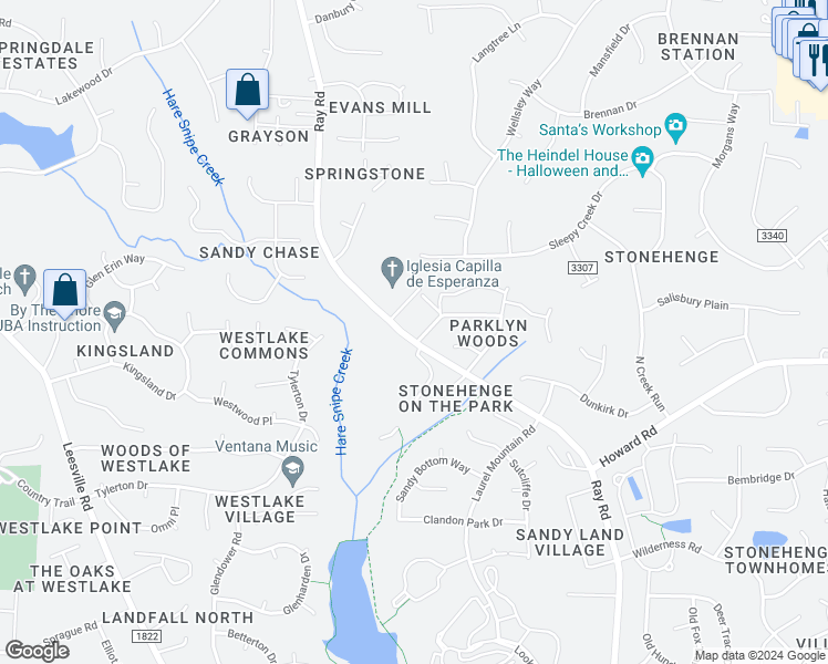 map of restaurants, bars, coffee shops, grocery stores, and more near 8000 Ray Road in Raleigh
