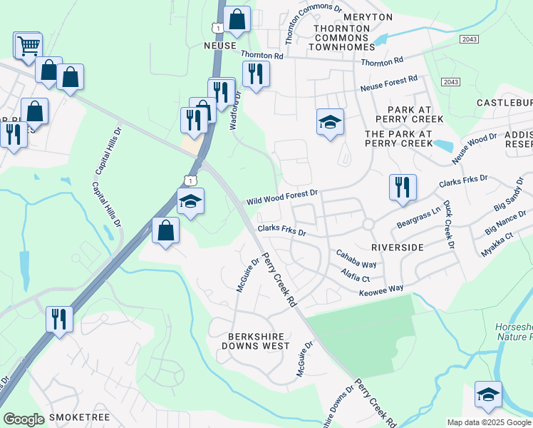 map of restaurants, bars, coffee shops, grocery stores, and more near 5201 Clarks Fork Drive in Raleigh