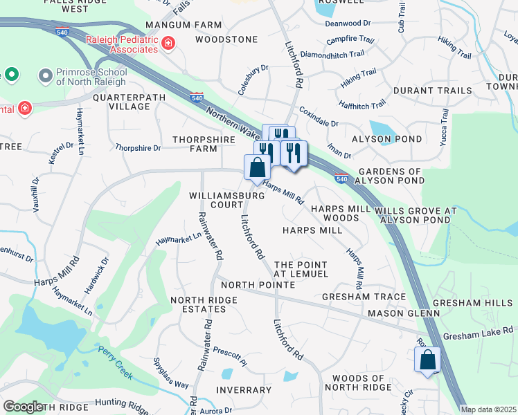 map of restaurants, bars, coffee shops, grocery stores, and more near 8200 Litchford Road in Raleigh