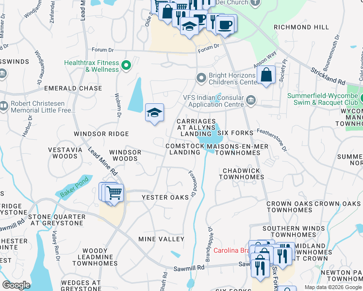 map of restaurants, bars, coffee shops, grocery stores, and more near 8020 Thrush Ridge Lane in Raleigh