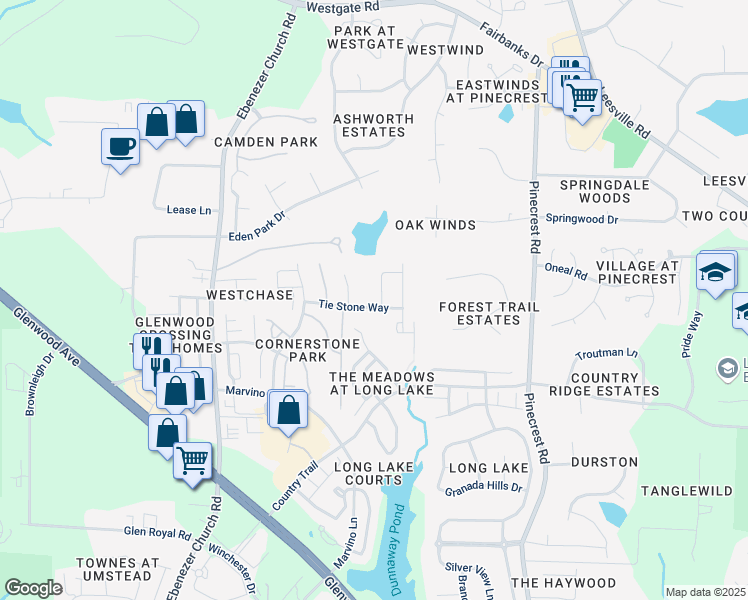 map of restaurants, bars, coffee shops, grocery stores, and more near 8404 Whisper Ridge Place in Raleigh