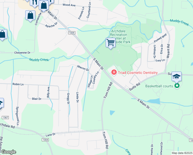 map of restaurants, bars, coffee shops, grocery stores, and more near 5106 Country Ln in Archdale