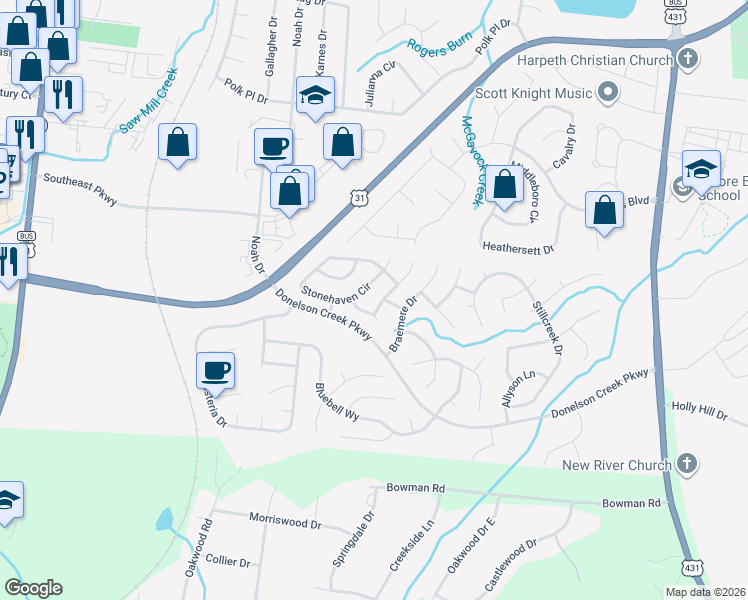 map of restaurants, bars, coffee shops, grocery stores, and more near 414 Galloway Drive in Franklin