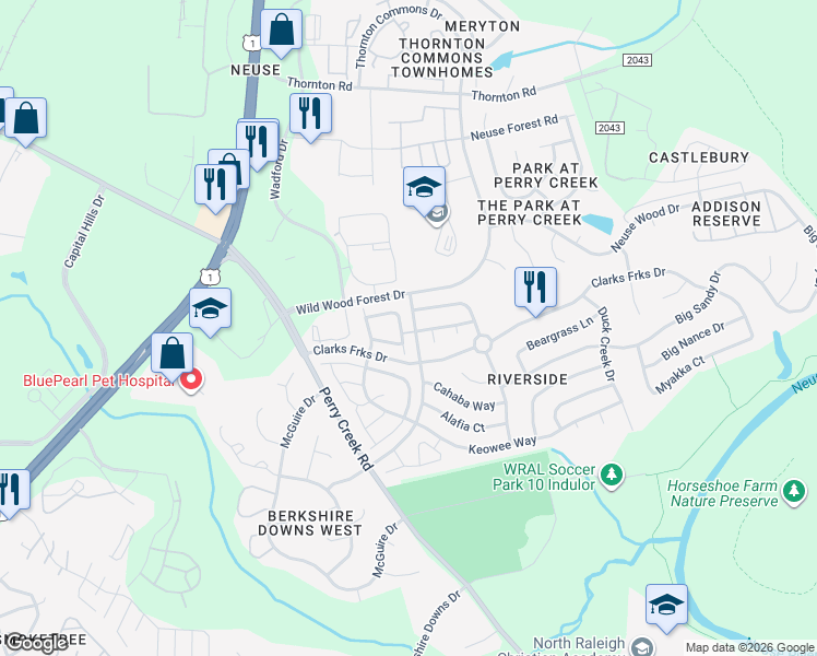 map of restaurants, bars, coffee shops, grocery stores, and more near 8037 Satillo Lane in Raleigh