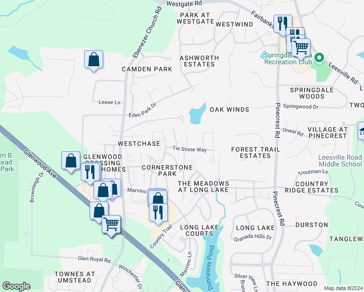 map of restaurants, bars, coffee shops, grocery stores, and more near 8408 Tie Stone Way in Raleigh