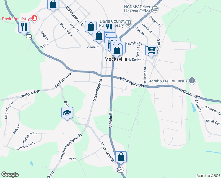 map of restaurants, bars, coffee shops, grocery stores, and more near 100 West Maple Avenue in Mocksville