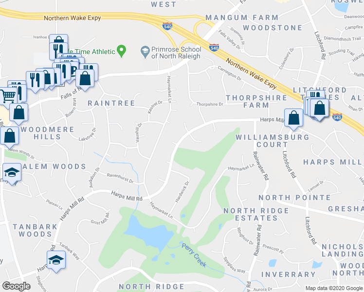 map of restaurants, bars, coffee shops, grocery stores, and more near 7912 Harps Mill Road in Raleigh