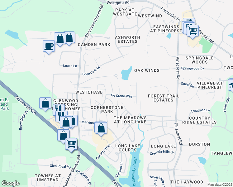 map of restaurants, bars, coffee shops, grocery stores, and more near 8408 Tie Stone Way in Raleigh