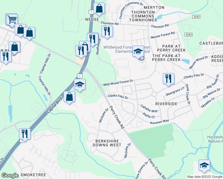 map of restaurants, bars, coffee shops, grocery stores, and more near 5201 Clarks Fork Drive in Raleigh