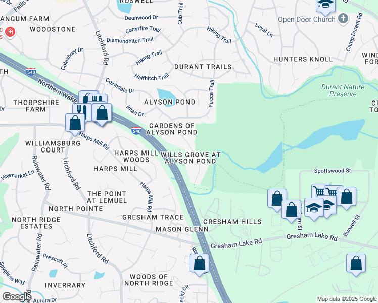 map of restaurants, bars, coffee shops, grocery stores, and more near 3030 Coxindale Drive in Raleigh